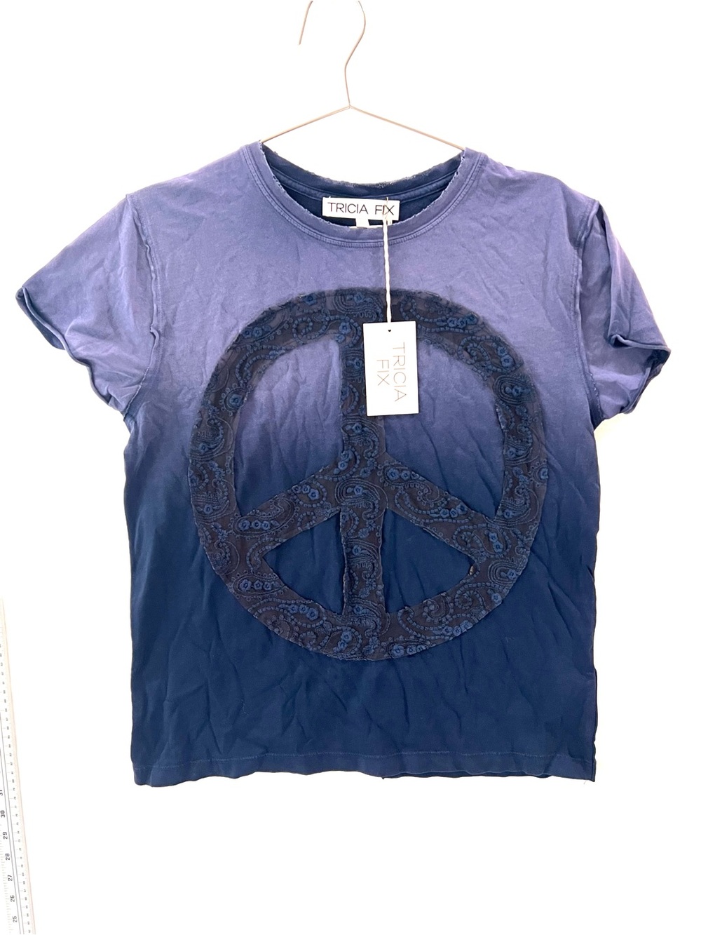 Tricia Fix Indigo Blue Embroidered Peace Tee size L